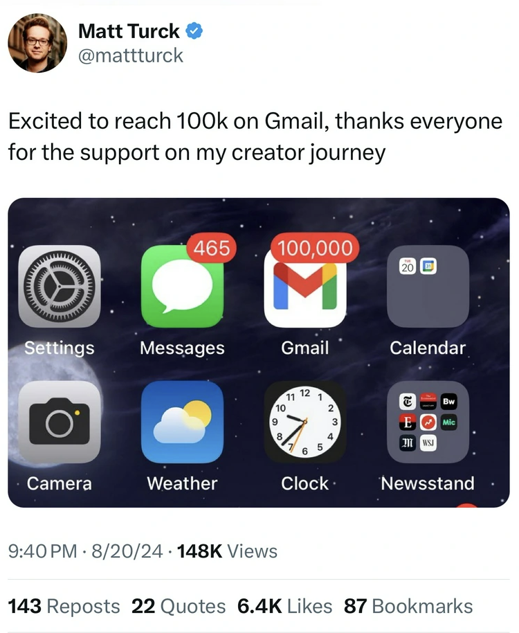 screenshot - Matt Turck Excited to reach on Gmail, thanks everyone for the support on my creator journey 465 100,000 M Settings Messages Gmail Calendar 11 12 1 10 9 B Bo 80 Camera Weather Clock Newsstand 820 Views 143 Reposts 22 Quotes 87 Bookmarks